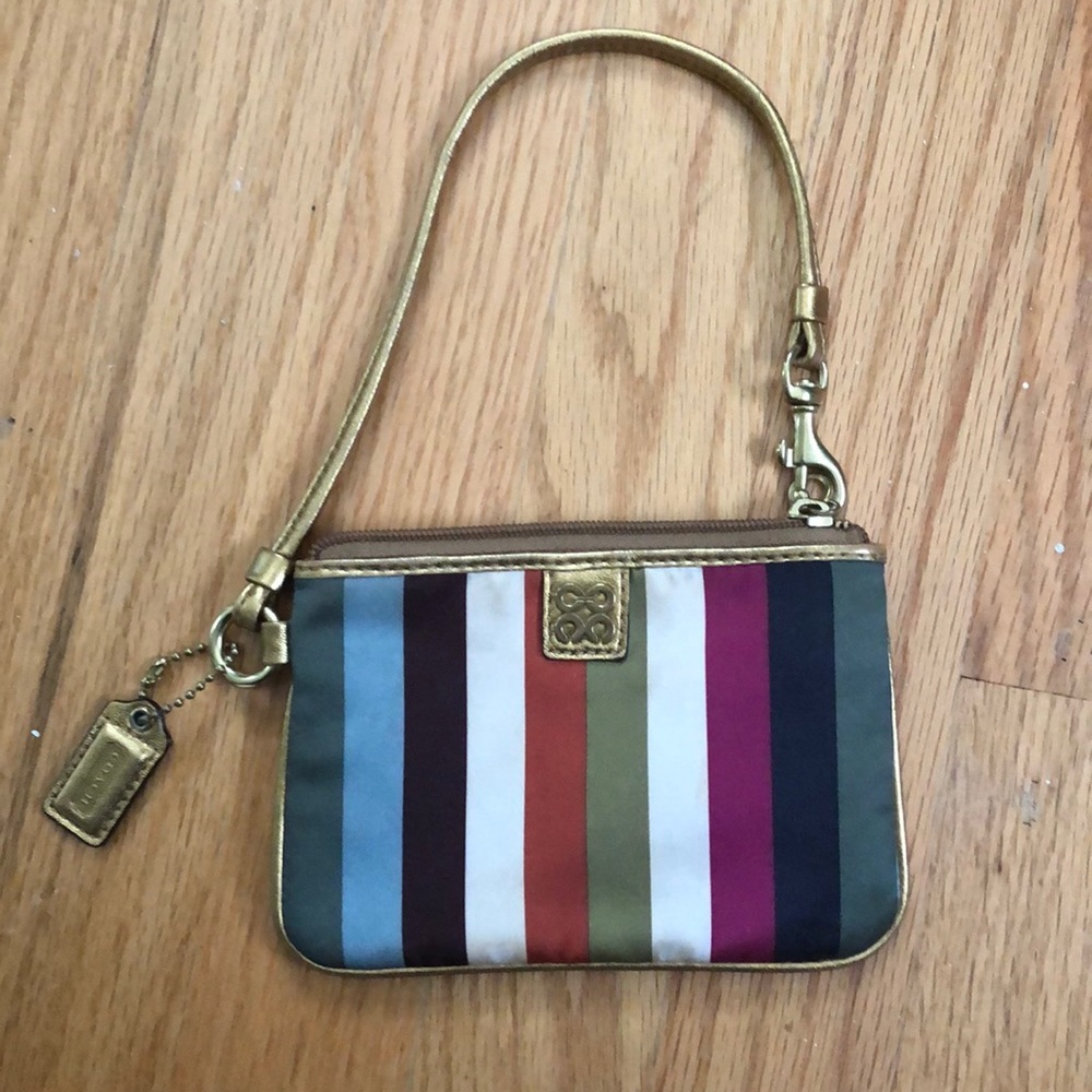 Coach multicolored striped satin wristlet